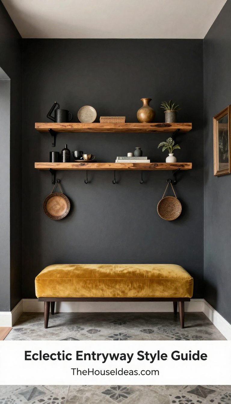 Eclectic Entryway with Charcoal Walls and Mustard Velvet Bench - Entryway - The House Ideas
