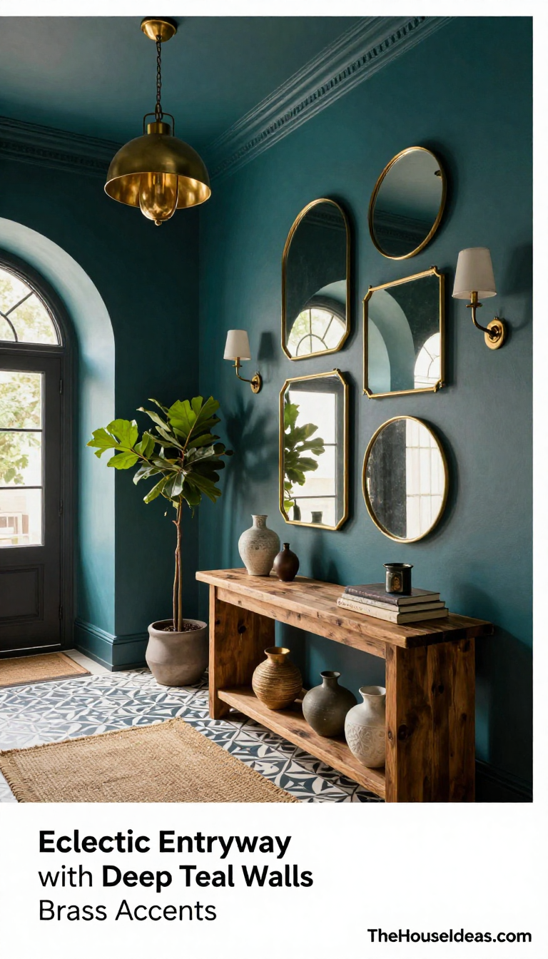 Eclectic Entryway with Deep Teal Walls and Brass Mirror Gallery - Entryway - The House Ideas