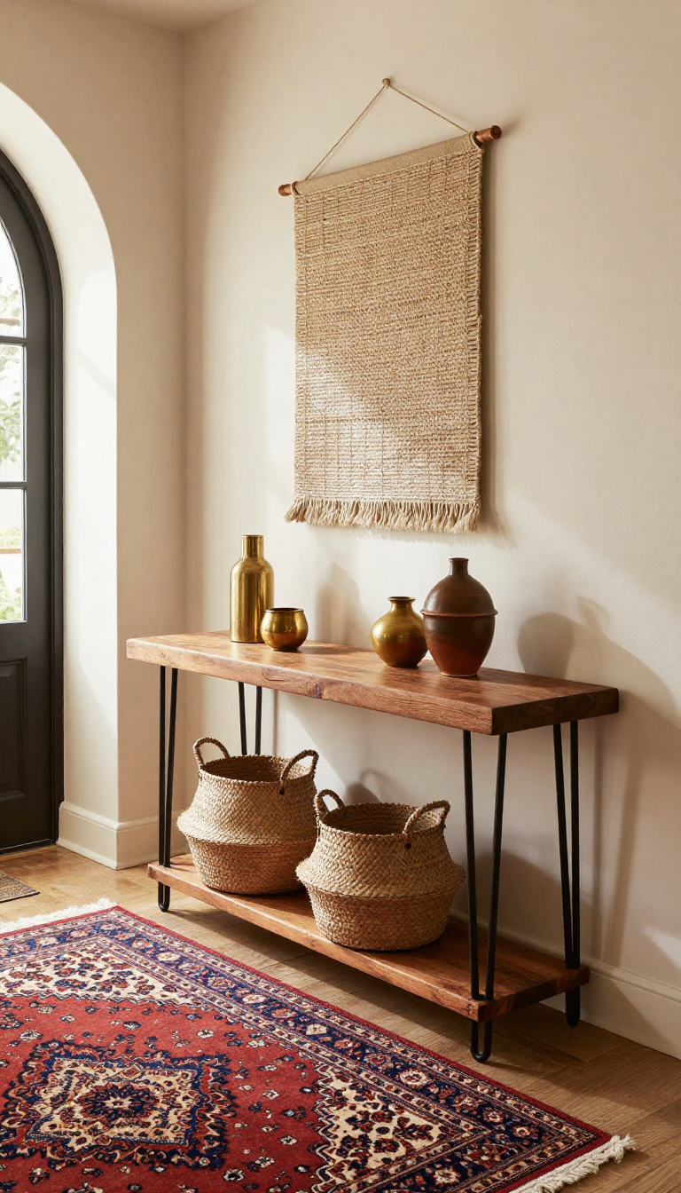 Eclectic Entryway with Terracotta Reclaimed Wood Console and Vintage Persian Rug - Entryway - The House Ideas