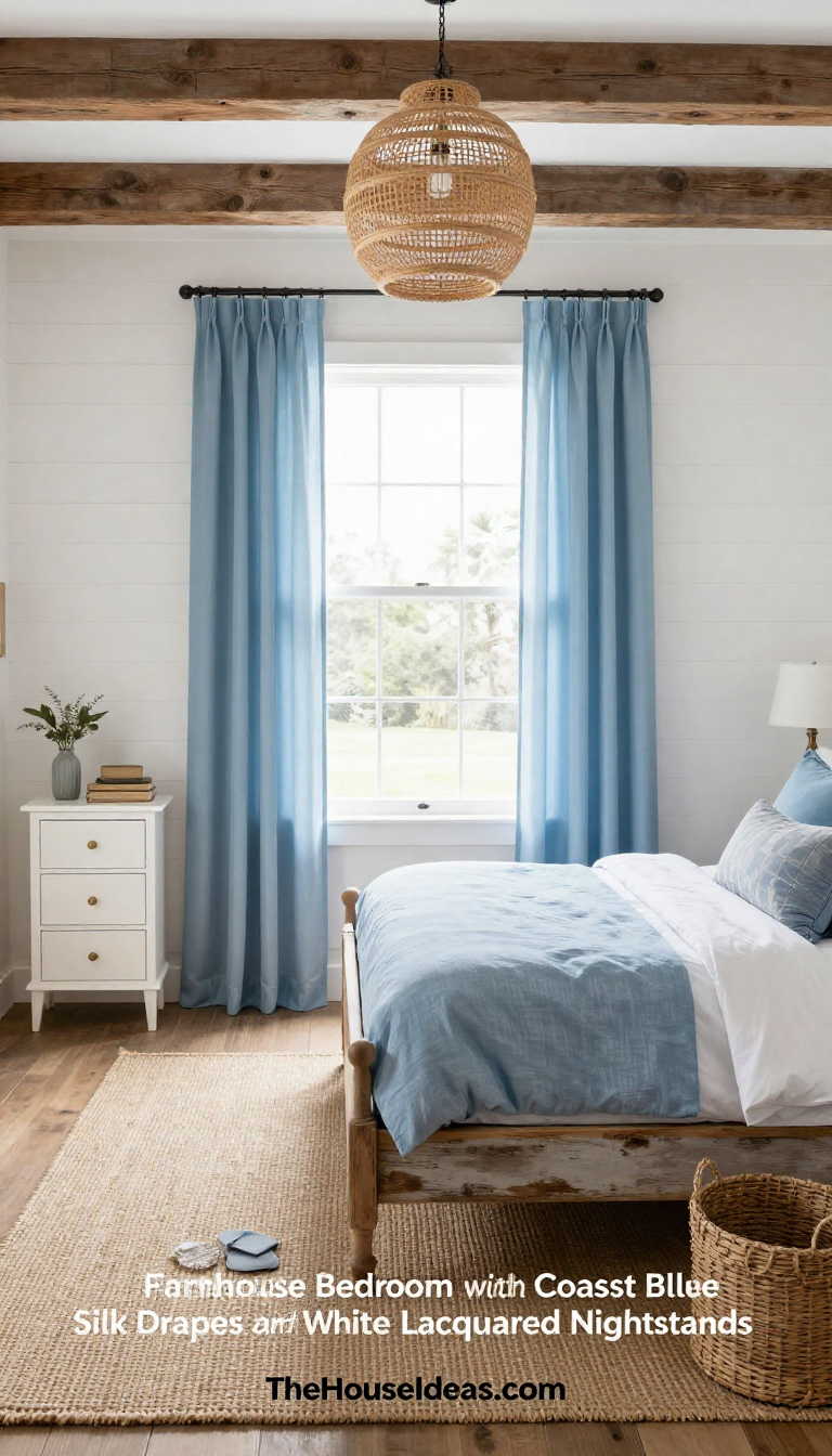 Farmhouse Bedroom with Coastal Blue Silk Drapes and White Lacquered Nightstands - Bedroom - The House Ideas