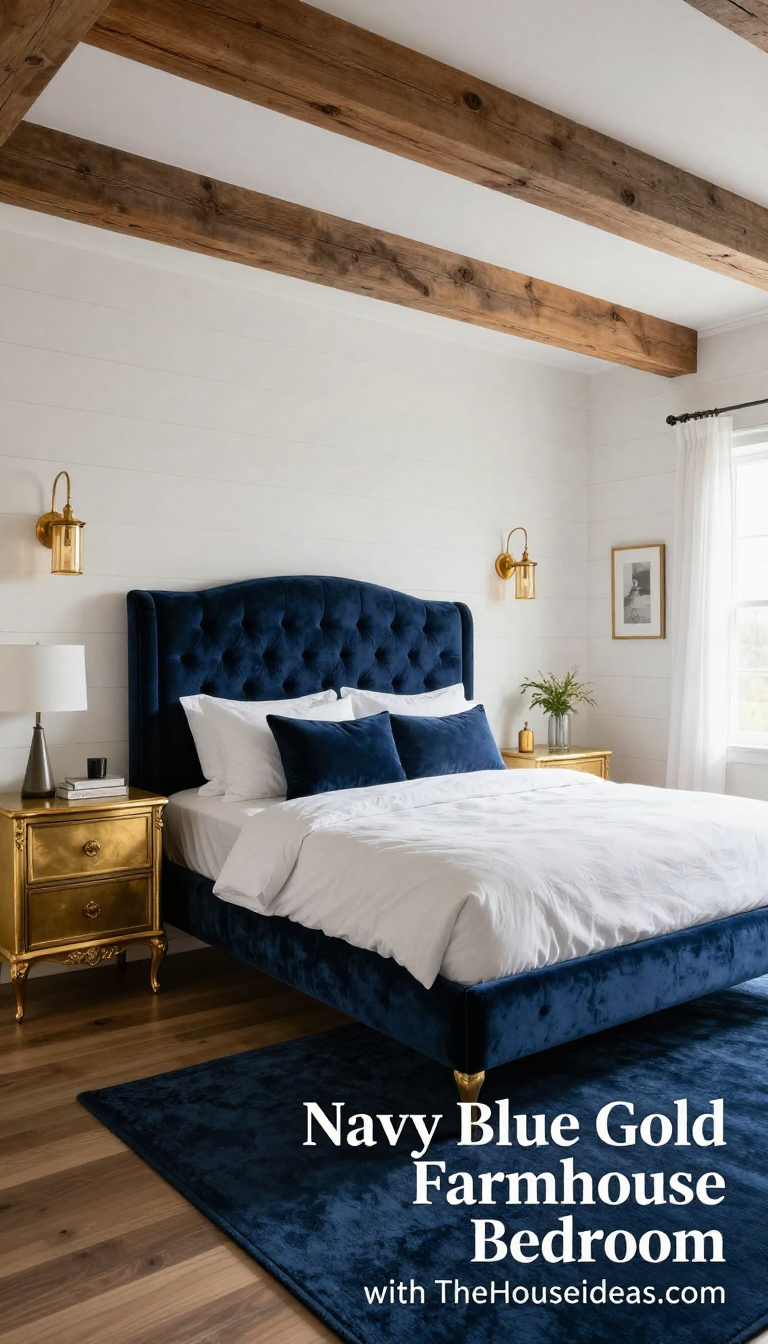 Farmhouse Bedroom with Navy Blue Velvet Headboard and Gold Lacquer Nightstands - Bedroom - The House Ideas
