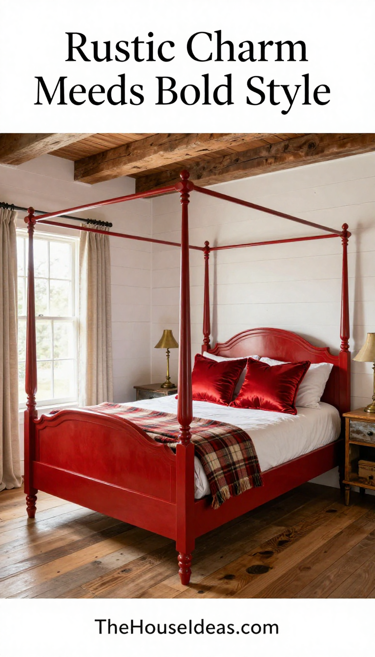 Farmhouse Rustic Bedroom with Bold Red Lacquered Bed Frame and Silk Accent Pillows - Bedroom - The House Ideas