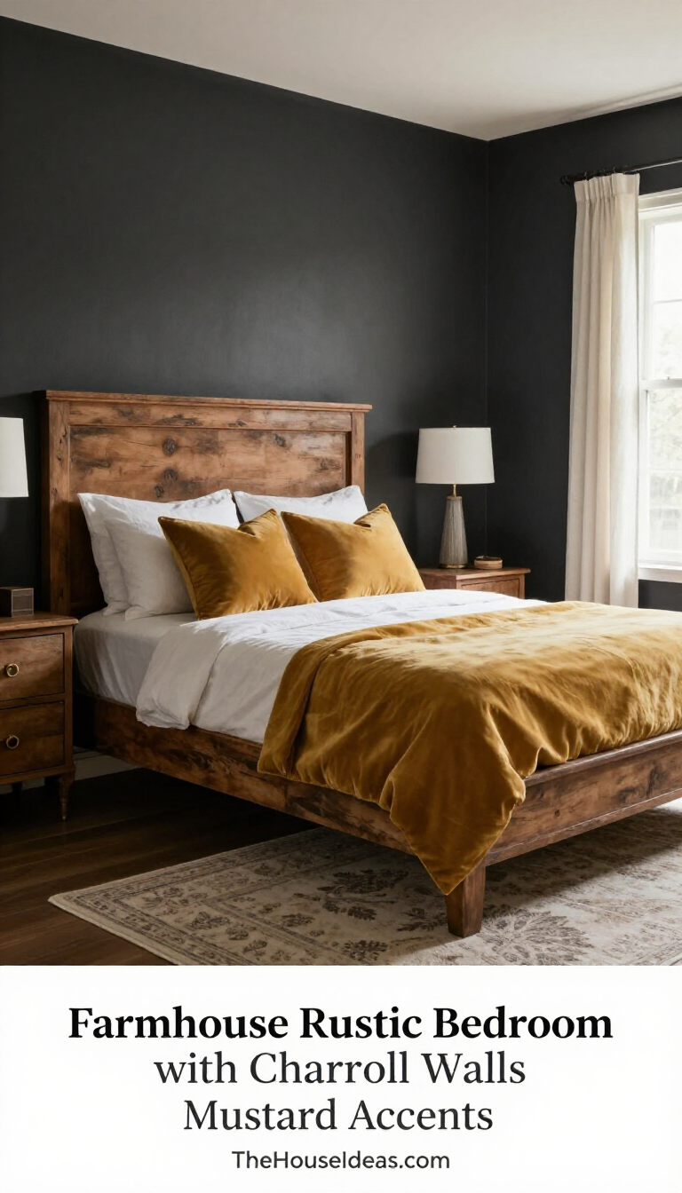 Farmhouse Rustic Bedroom with Charcoal Walls and Mustard Silk Throw Pillows - Bedroom - The House Ideas