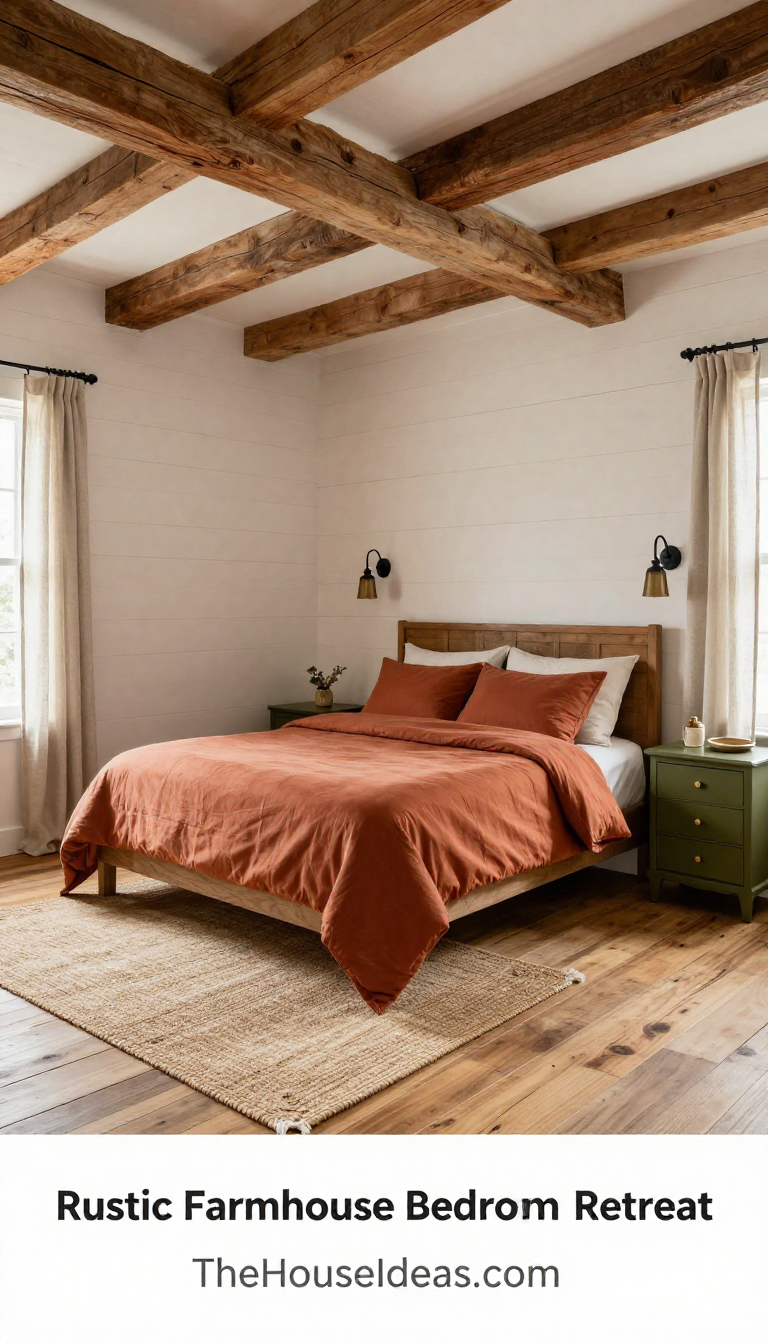 Farmhouse Rustic Bedroom with Terracotta Silk Bedding and Olive Lacquer Nightstands - Bedroom - The House Ideas