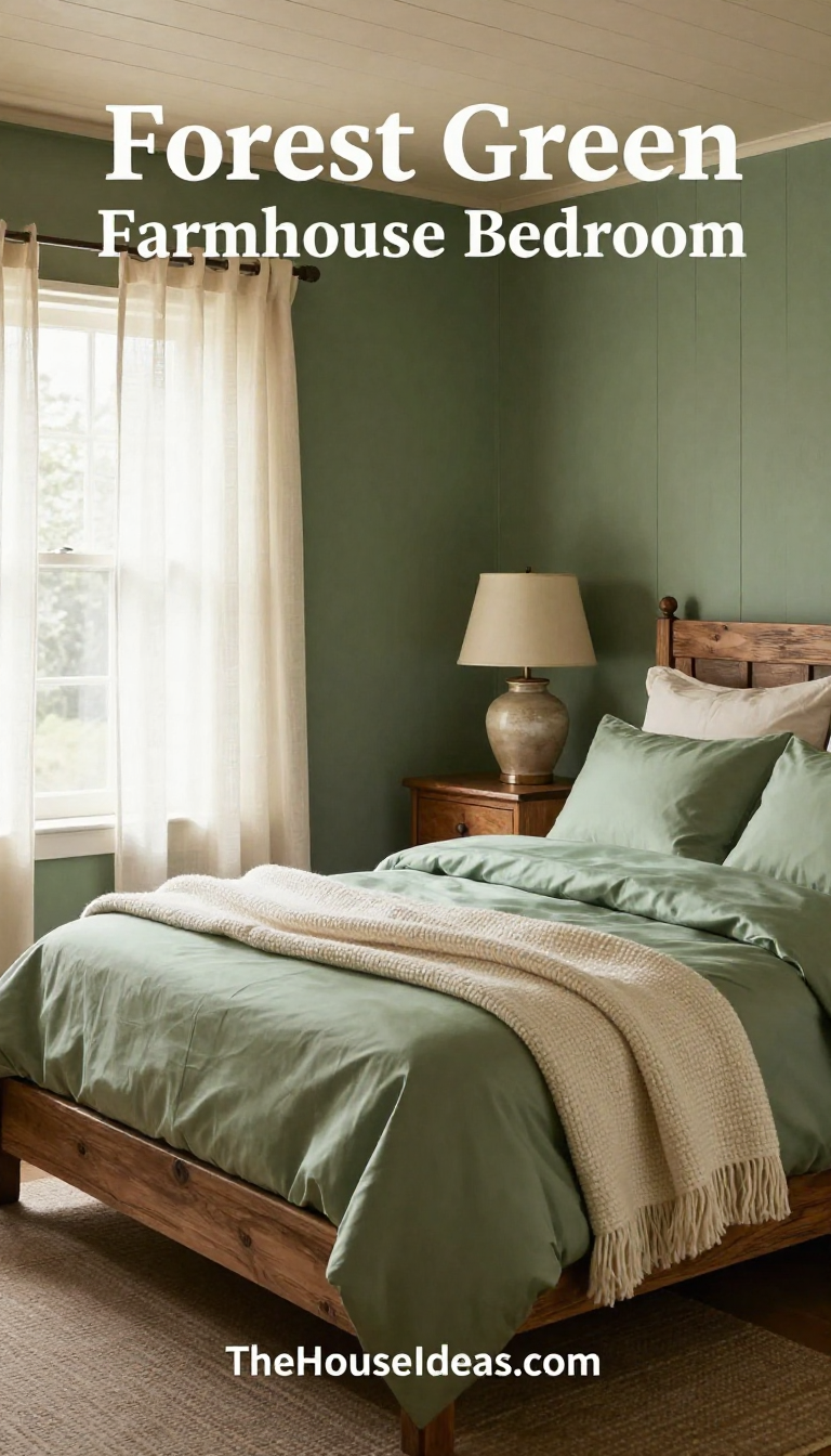 Forest Green Farmhouse Bedroom with Silk Bedding and Textured Throw Accents - Bedroom - The House Ideas