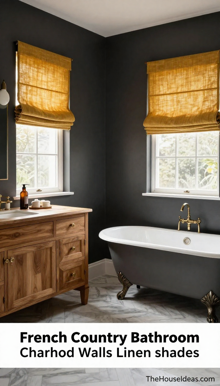 French Country Bathroom with Charcoal Walls and Mustard Linen Roman Shades - Bathroom - The House Ideas