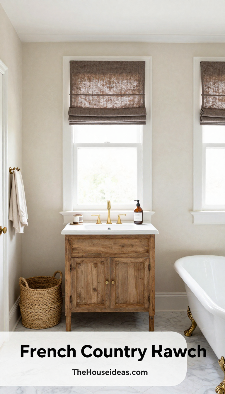 French Country Bathroom with Chocolate Linen Roman Shades and Weathered Oak Vanity - Bathroom - The House Ideas