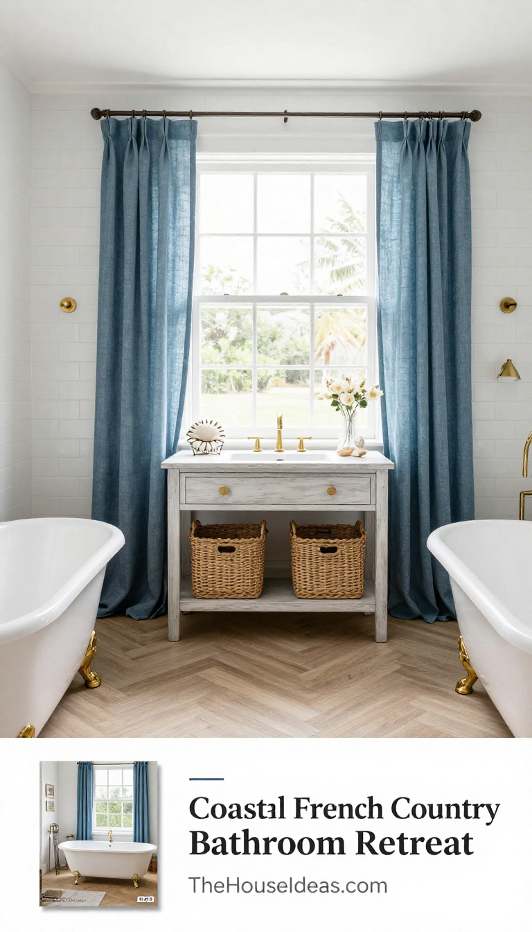 French Country Bathroom with Coastal Blue Linen Curtains and Whitewashed Wood Vanity - Bathroom - The House Ideas