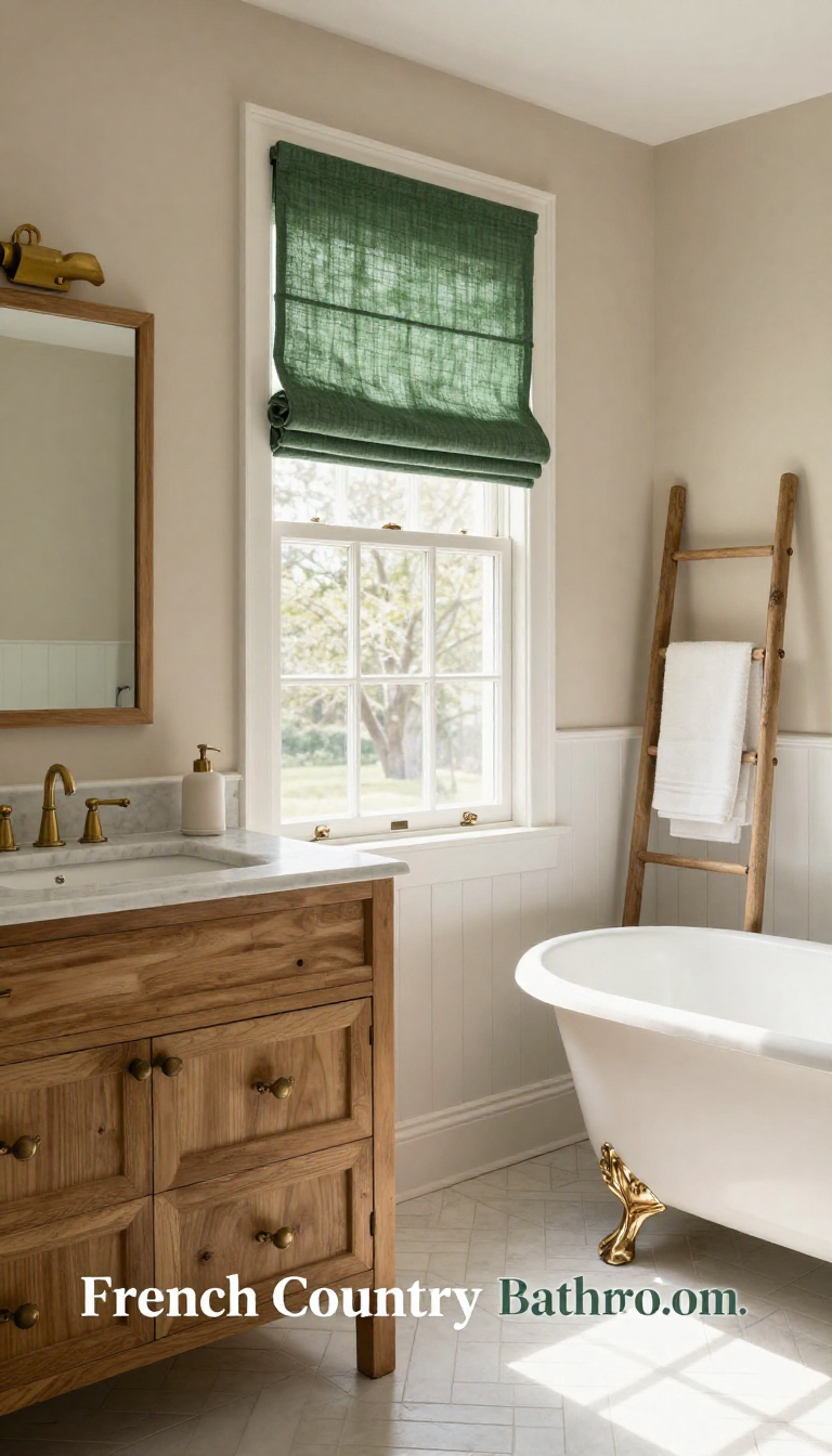 French Country Bathroom with Forest Green Linen Roman Shades and Natural Wood Vanity - Bathroom - The House Ideas