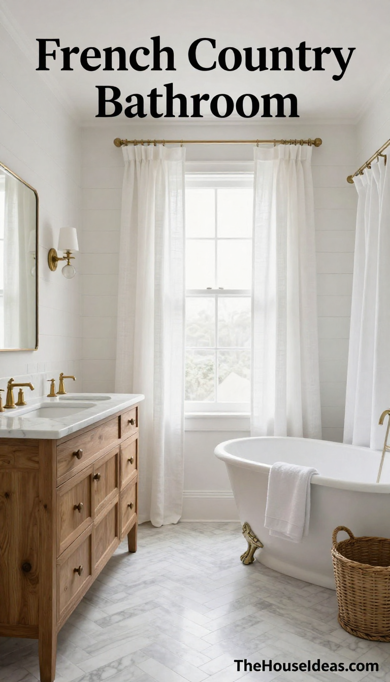 French Country Bathroom with Monochromatic White Linen Curtains and Natural Wood Vanity - Bathroom - The House Ideas