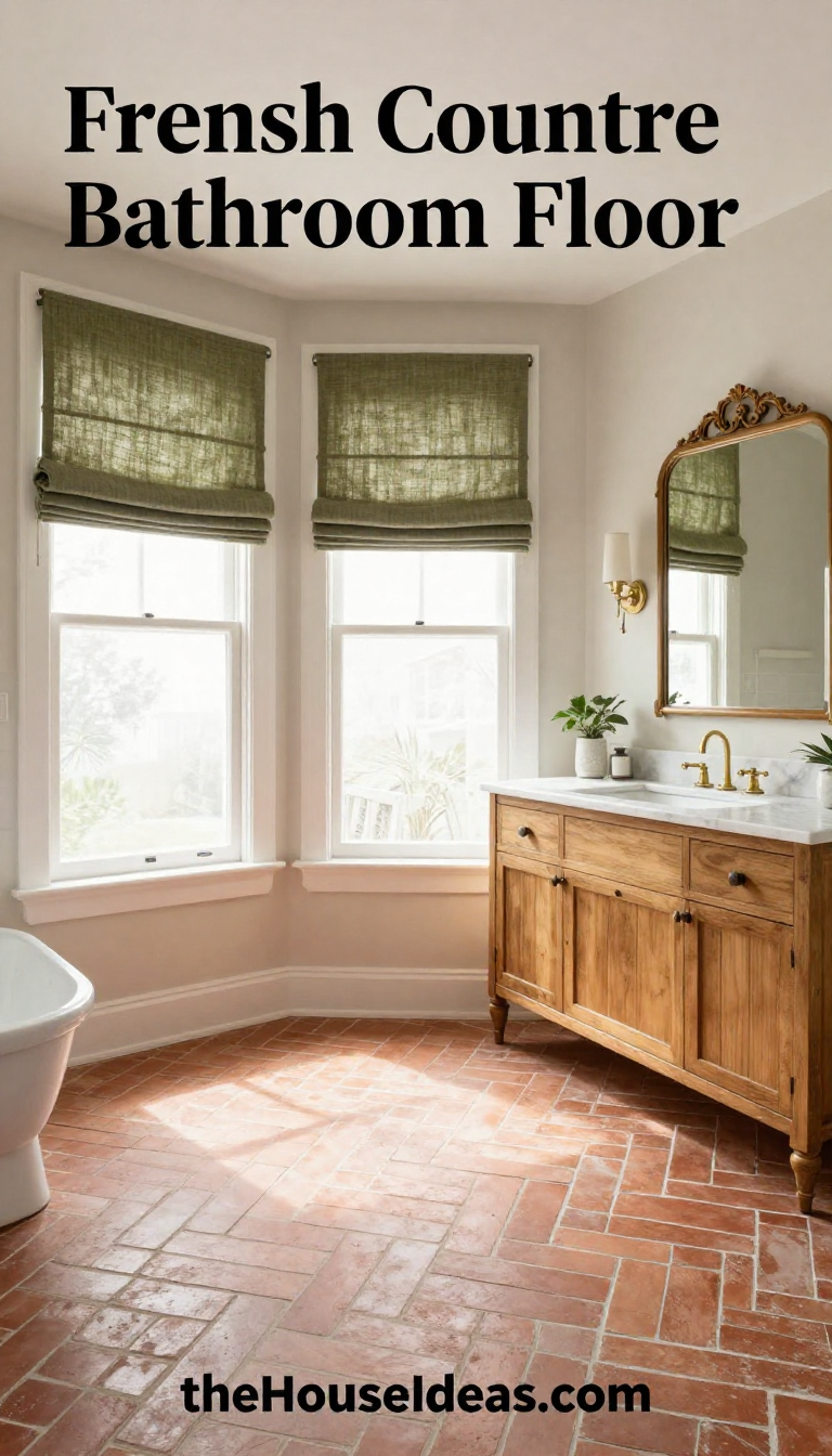 French Country Bathroom with Terracotta Herringbone Floor and Olive Linen Roman Shades - Bathroom - The House Ideas
