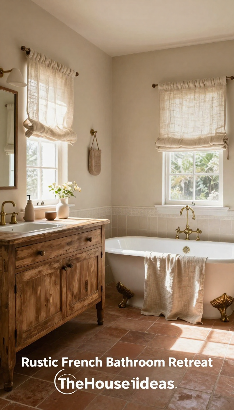 French Country Bathroom with Warm Earth Tones and Linen Window Treatments - Bathroom - The House Ideas