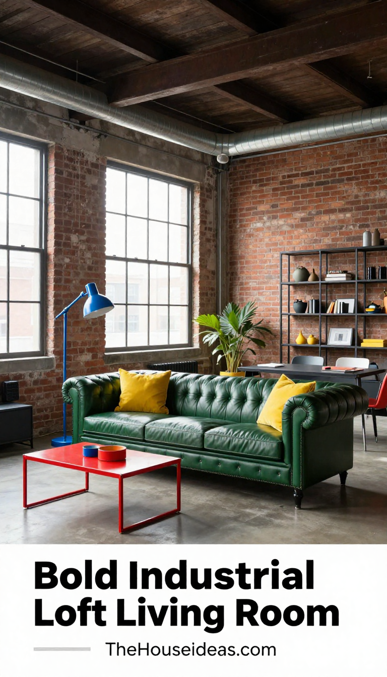 Industrial Loft Living Room with Bold Primary Colors and Leather Chesterfield Sofa - Living Room - The House Ideas