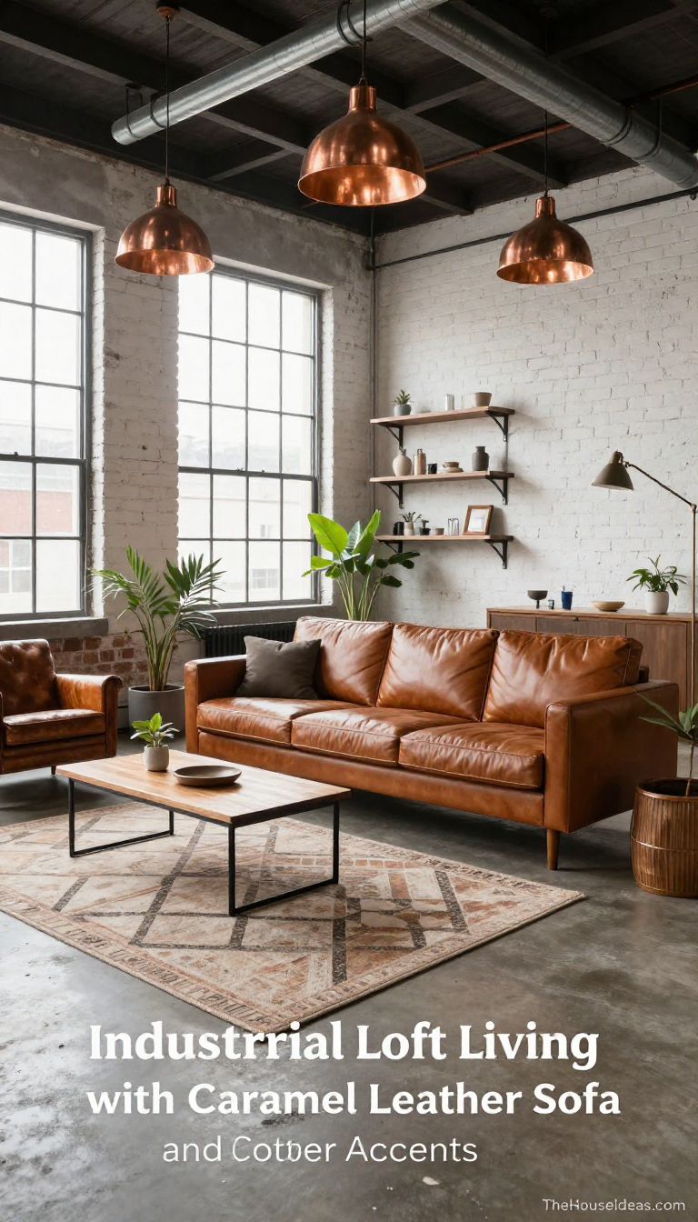 Industrial Loft Living Room with Caramel Leather Sofa and Copper Metal Accents - Living Room - The House Ideas