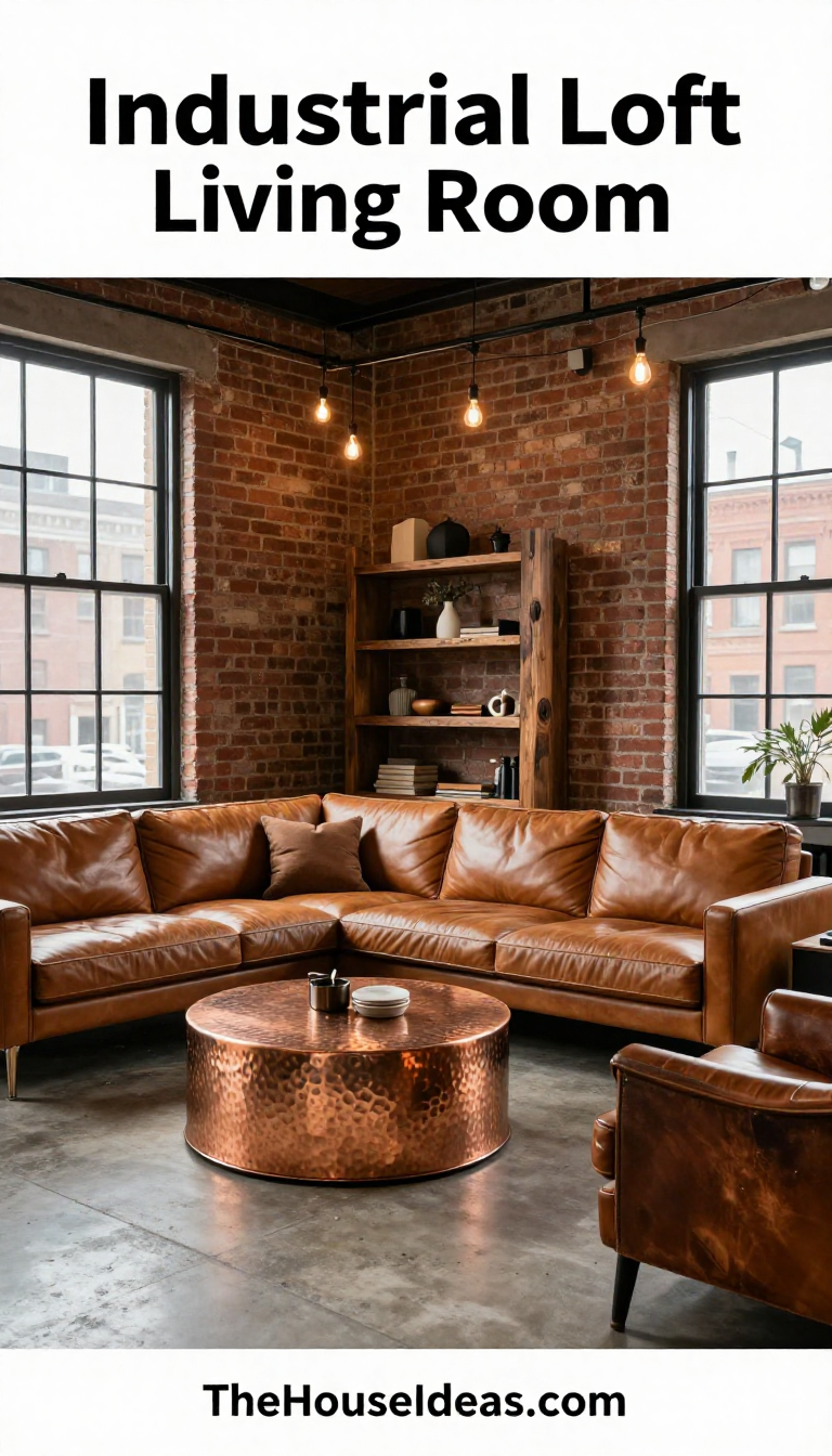 Industrial Loft Living Room with Cognac Leather Sofa and Hammered Copper Coffee Table - Living Room - The House Ideas
