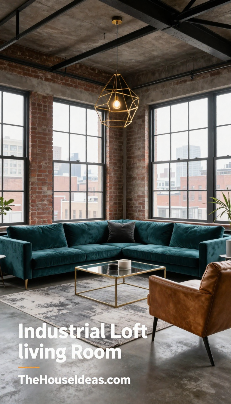 Industrial Loft Living Room with Deep Teal Velvet Sofa and Brass Geometric Lighting - Living Room - The House Ideas