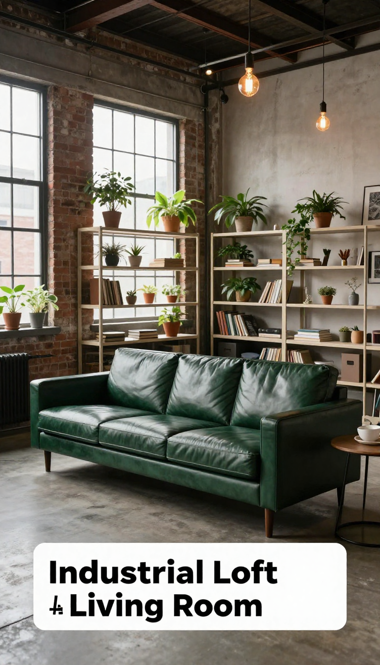 Industrial Loft Living Room with Forest Green Leather Sofa and Beige Metal Shelving - Living Room - The House Ideas