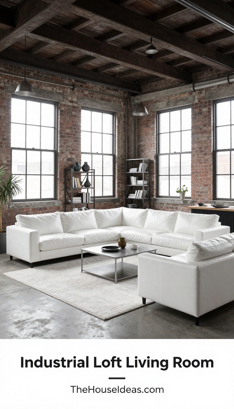 Industrial Loft Living Room with Monochromatic White Leather and Metal Elements - Living Room - The House Ideas