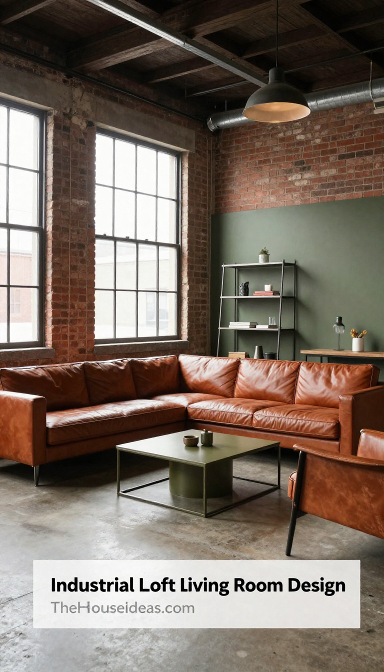 Industrial Loft Living Room with Terracotta Leather Sectional and Olive Metal Coffee Table - Living Room - The House Ideas