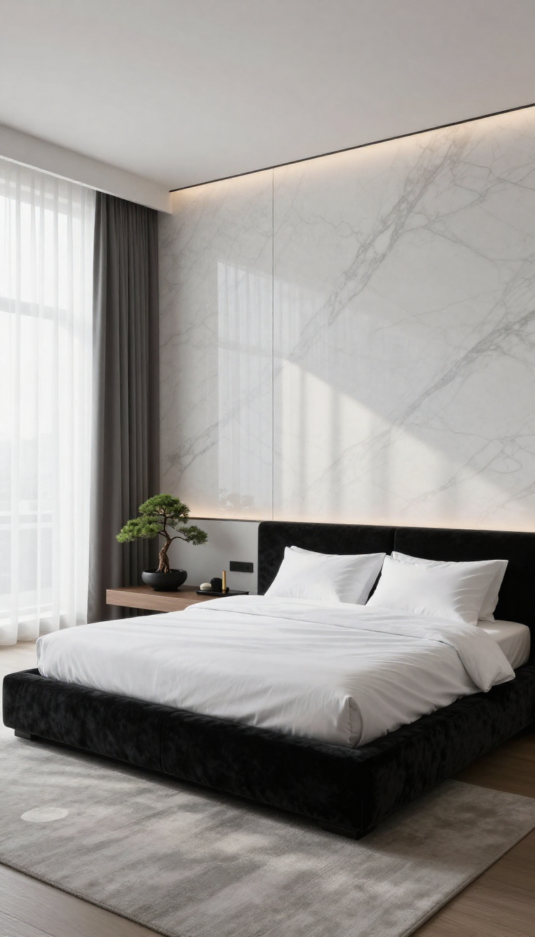 Japanese Zen Bedroom with Black Velvet Platform Bed and White Marble Accent Wall - Bedroom - The House Ideas