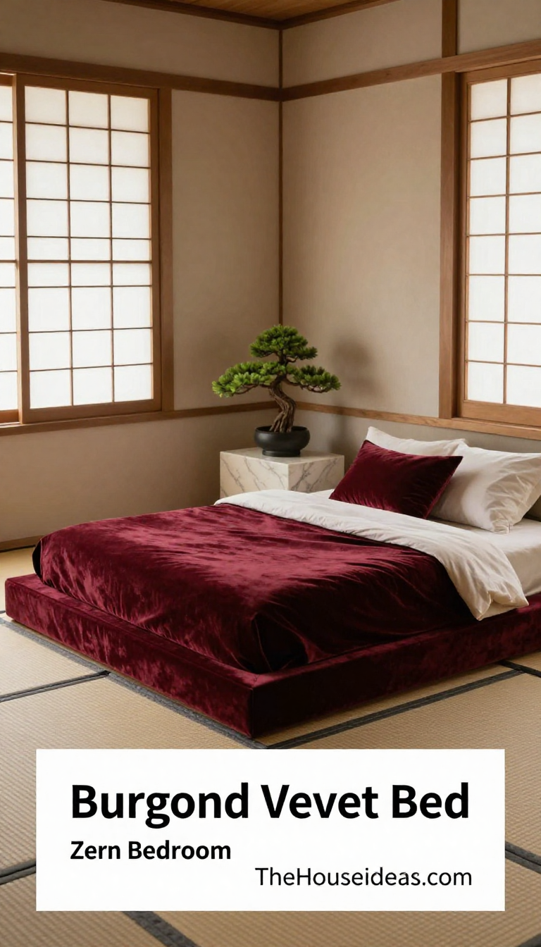 Japanese Zen Bedroom with Burgundy Velvet Platform Bed and Cream Marble Nightstands - Bedroom - The House Ideas