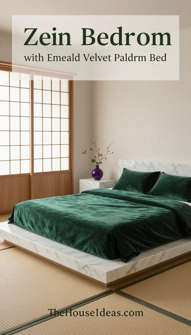 Japanese Zen Bedroom with Emerald Velvet Platform Bed and Marble Nightstands - Bedroom - The House Ideas