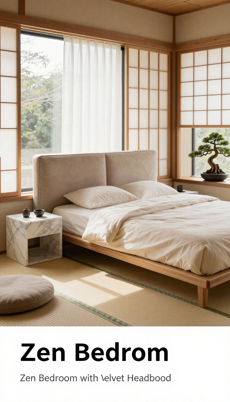 Japanese Zen Bedroom with Neutral Beige Velvet Headboard and Marble Nightstands - Bedroom - The House Ideas