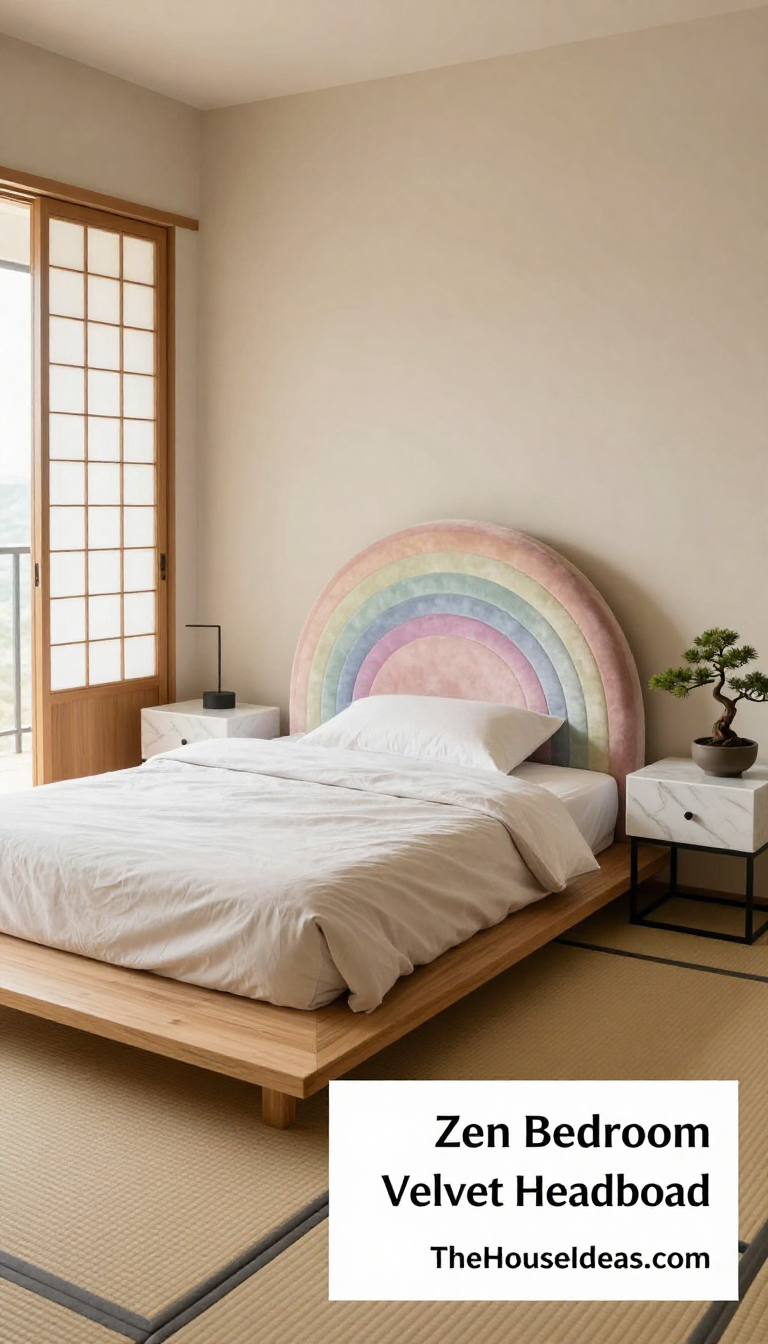 Japanese Zen Bedroom with Pastel Rainbow Velvet Headboard and Marble Nightstands - Bedroom - The House Ideas