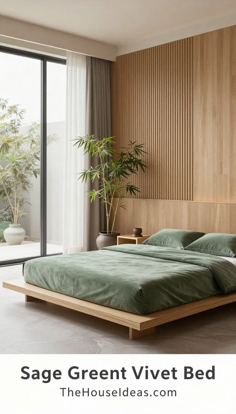 Japanese Zen Bedroom with Sage Green Velvet Platform Bed and Natural Wood Slatted Accent Wall - Bedroom - The House Ideas