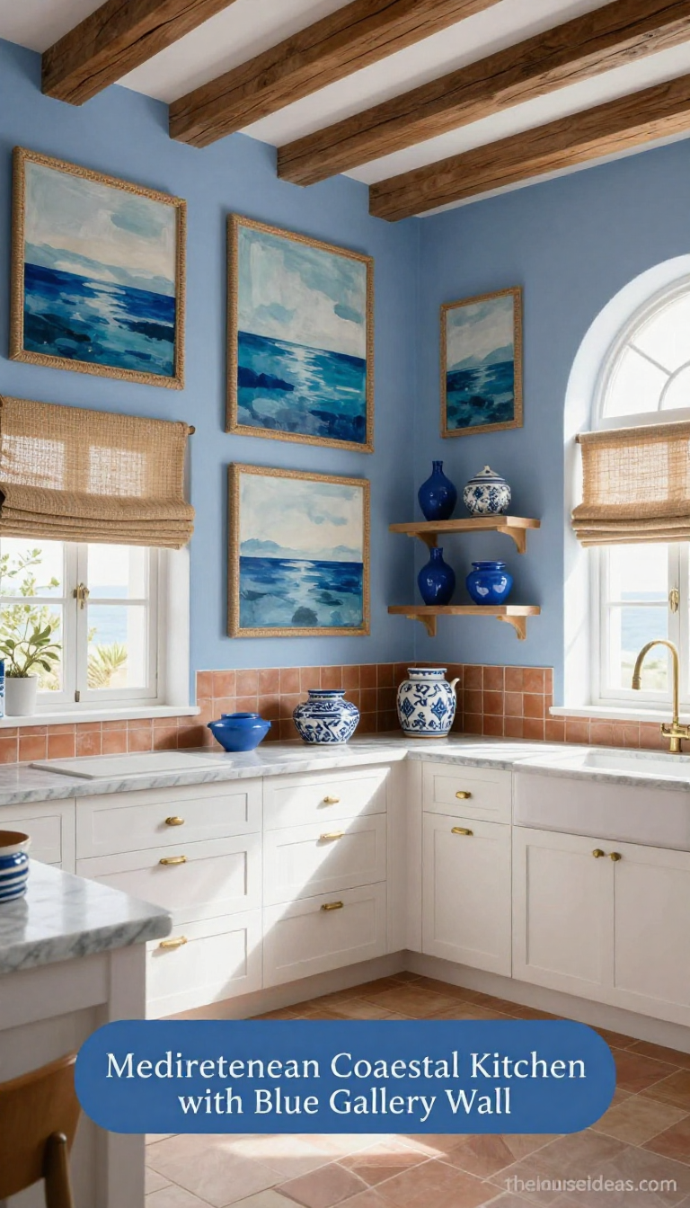 Mediterranean Kitchen with Coastal Blue Gallery Wall and Jute-Linen Accents - Kitchen - The House Ideas