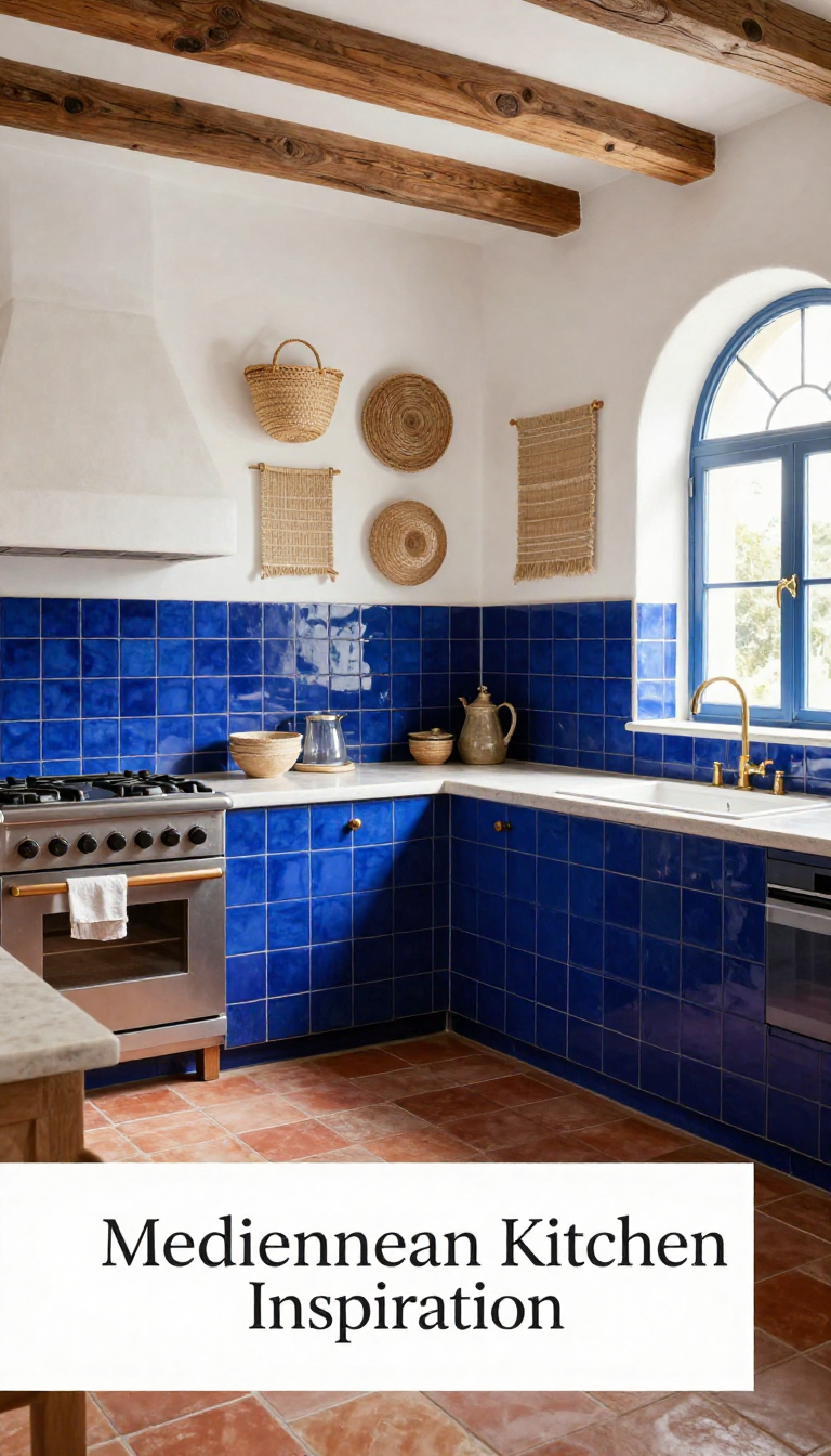 Mediterranean Kitchen with Cobalt Blue Tiles and Jute Gallery Wall Display - Kitchen - The House Ideas
