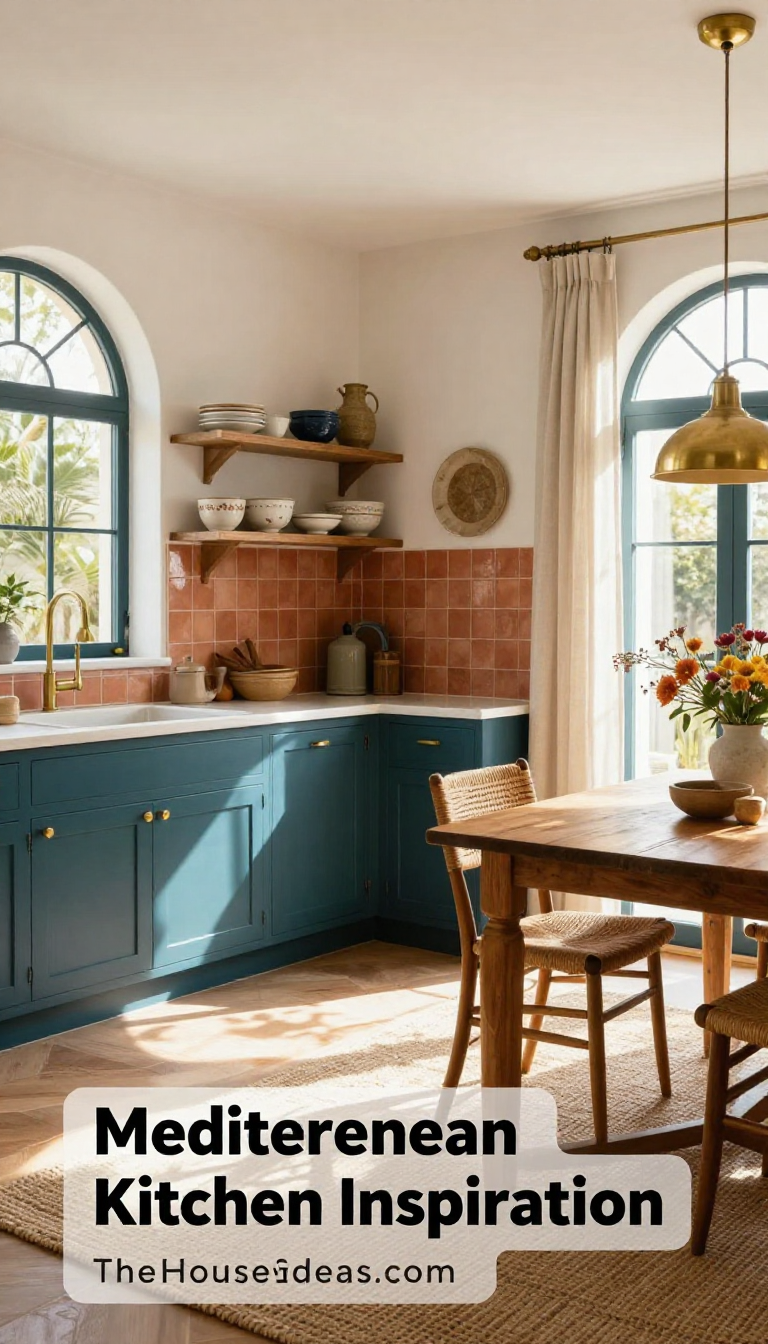 Mediterranean Kitchen with Deep Teal Cabinetry and Brass Hardware Gallery Wall - Kitchen - The House Ideas