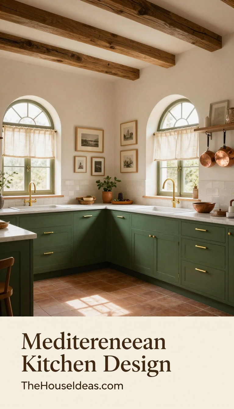 Mediterranean Kitchen with Forest Green Cabinets and Beige Jute Gallery Wall - Kitchen - The House Ideas