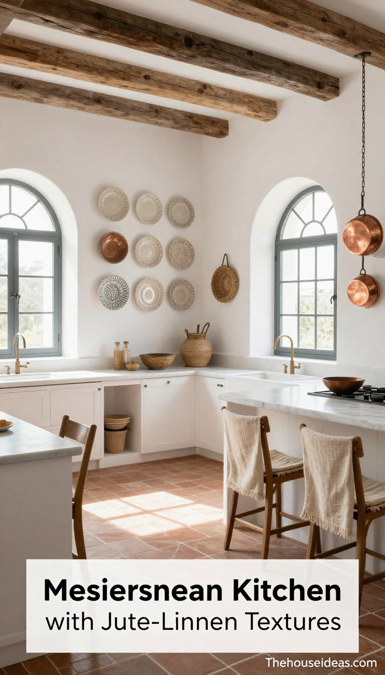 Mediterranean Kitchen with Monochromatic White Gallery Wall and Jute-Linen Textures - Kitchen - The House Ideas
