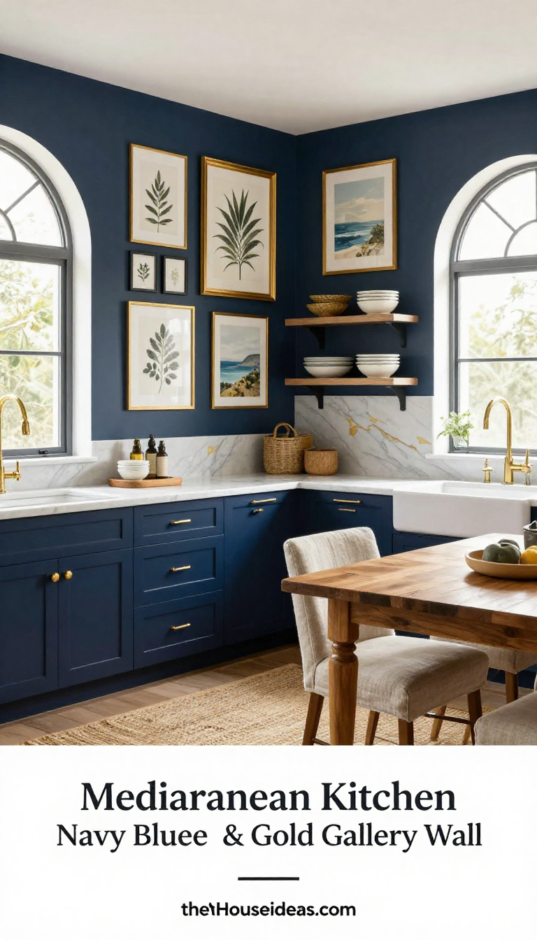 Mediterranean Kitchen with Navy Blue and Gold Gallery Wall Featuring Jute and Linen Accents - Kitchen - The House Ideas