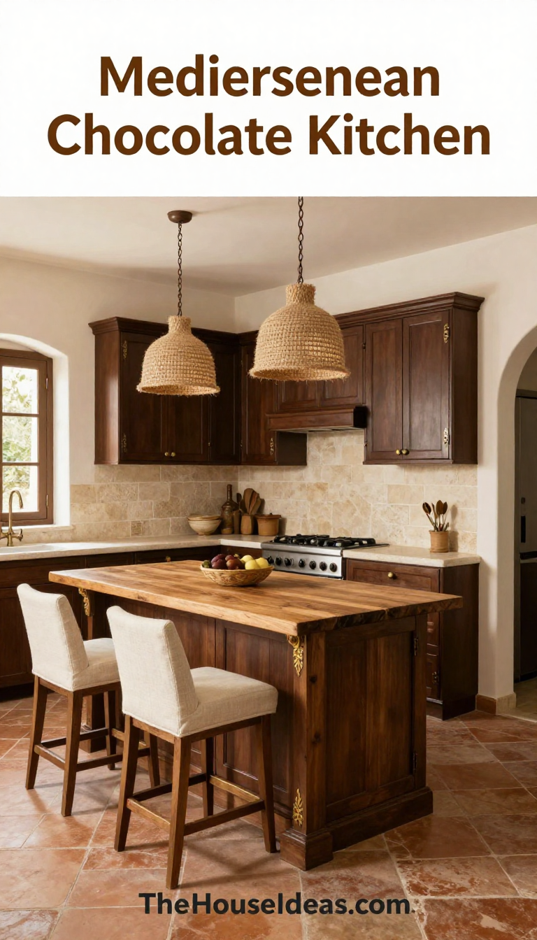 Mediterranean Kitchen with Rich Chocolate Cabinetry and Cream Stone Backsplash - Kitchen - The House Ideas
