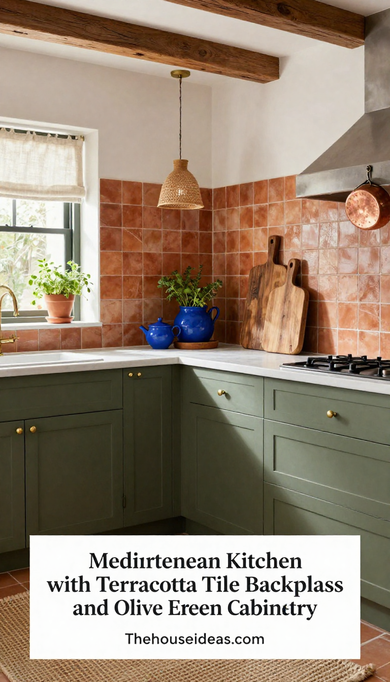 Mediterranean Kitchen with Terracotta Tile Backsplash and Olive Green Cabinetry - Kitchen - The House Ideas