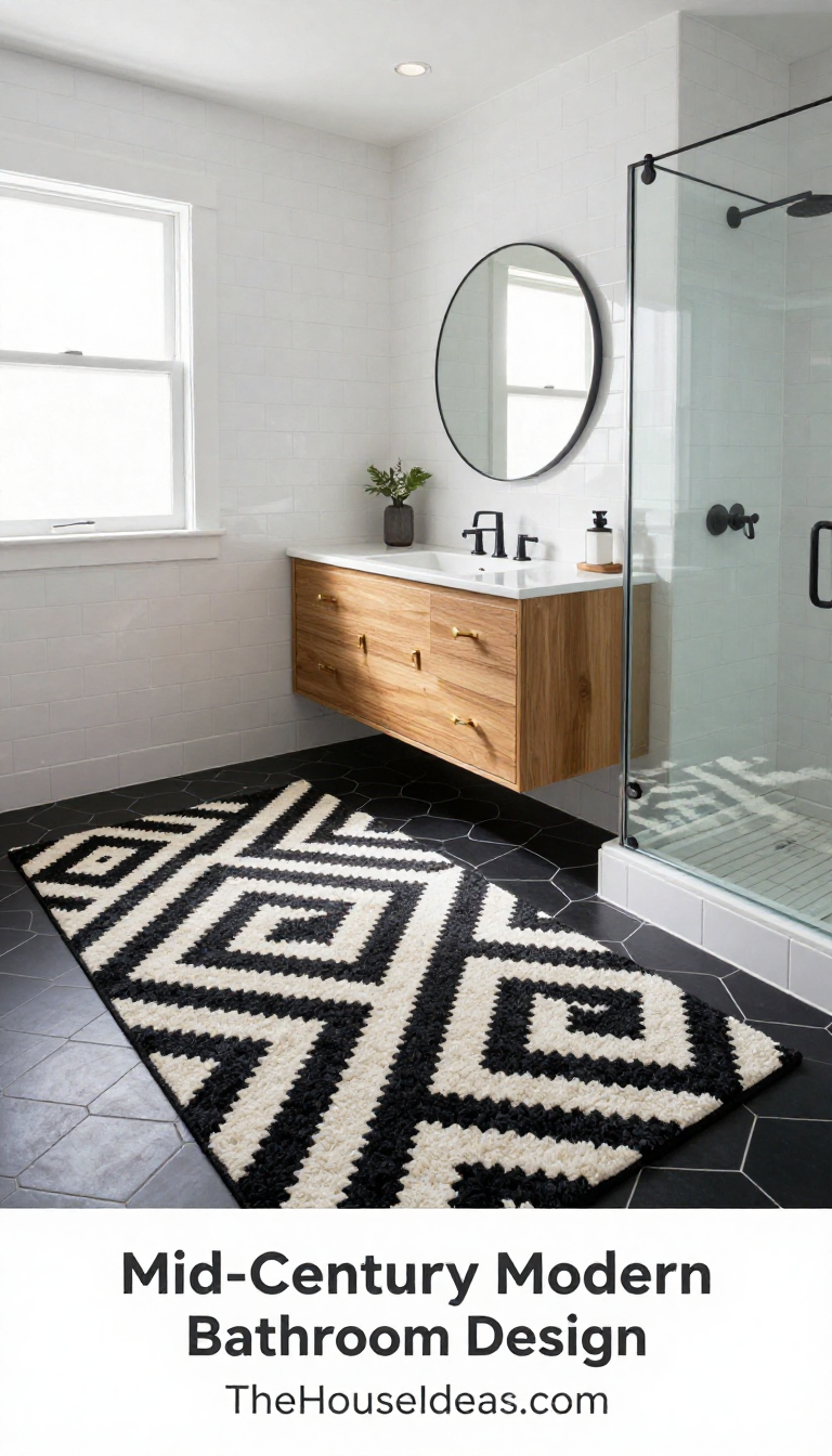 Mid-Century Modern Bathroom with Black & White Geometric Wool Rug and Oak Floating Vanity - Bathroom - The House Ideas