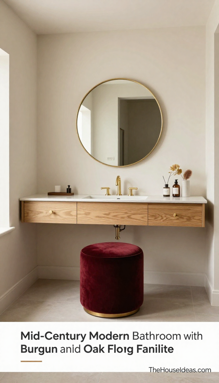Mid-Century Modern Bathroom with Burgundy Velvet Ottoman and Oak Floating Vanity - Bathroom - The House Ideas