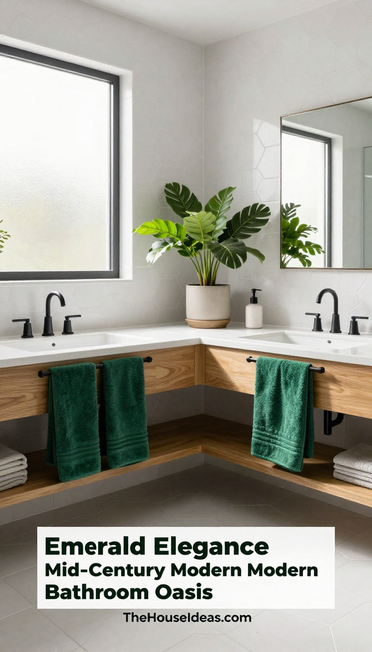 Mid-Century Modern Bathroom with Emerald Green Wool Towels and Oak Floating Vanity - Bathroom - The House Ideas