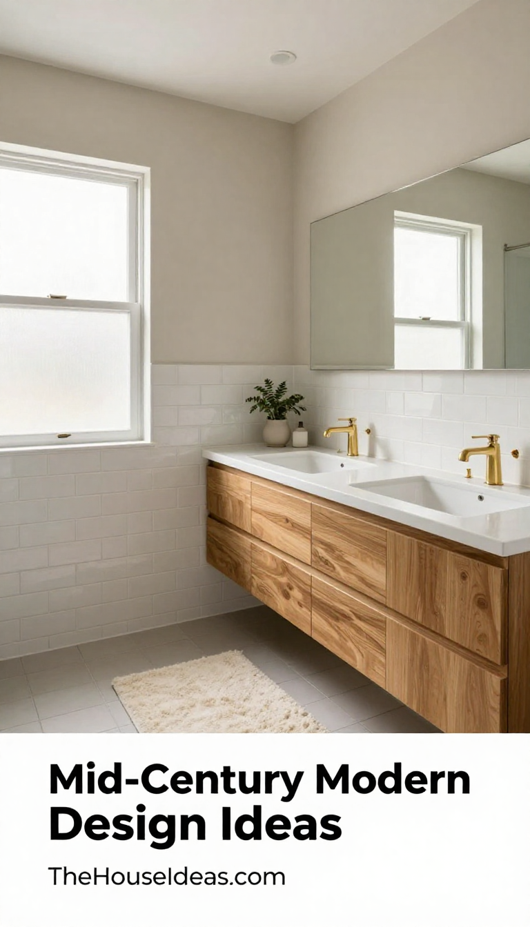 Mid-Century Modern Bathroom with Oak Floating Vanity and Cream Wool Bath Mat - Bathroom - The House Ideas