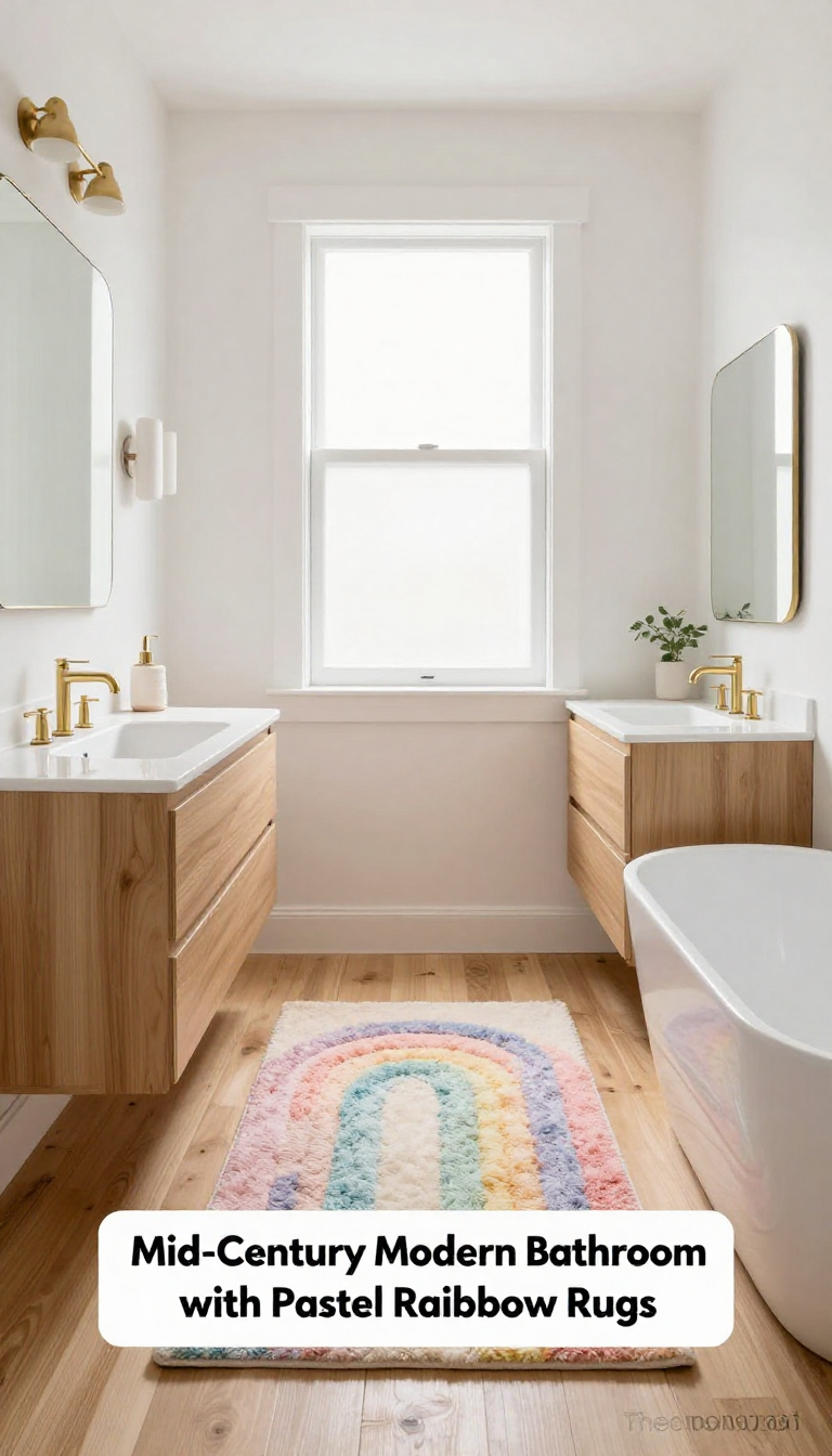 Mid-Century Modern Bathroom with Pastel Rainbow Wool Rugs and Oak Vanities - Bathroom - The House Ideas