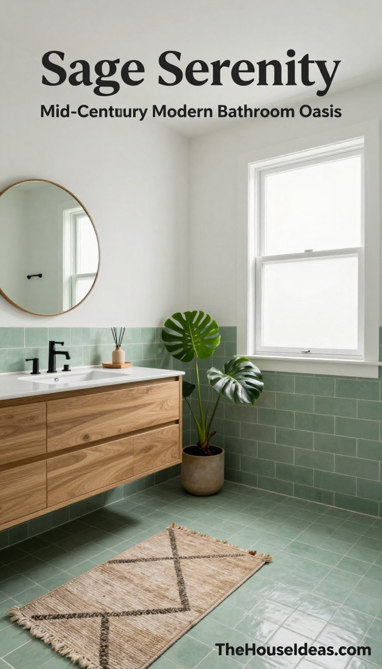 Mid-Century Modern Bathroom with Sage Green Subway Tiles and Oak Floating Vanity - Bathroom - The House Ideas
