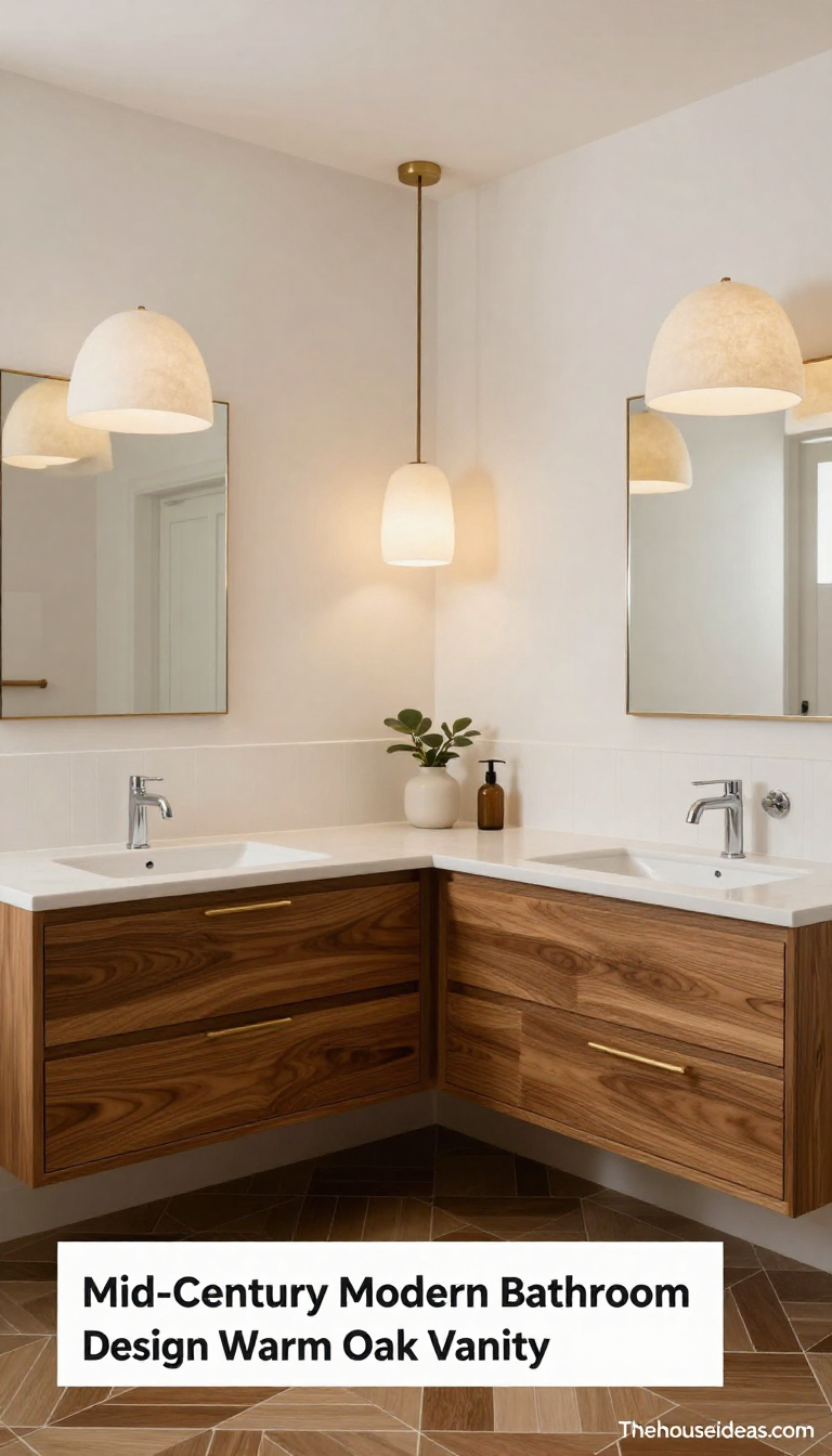 Mid-Century Modern Bathroom with Warm Oak Vanity and Ivory Wool Pendant Lights - Bathroom - The House Ideas