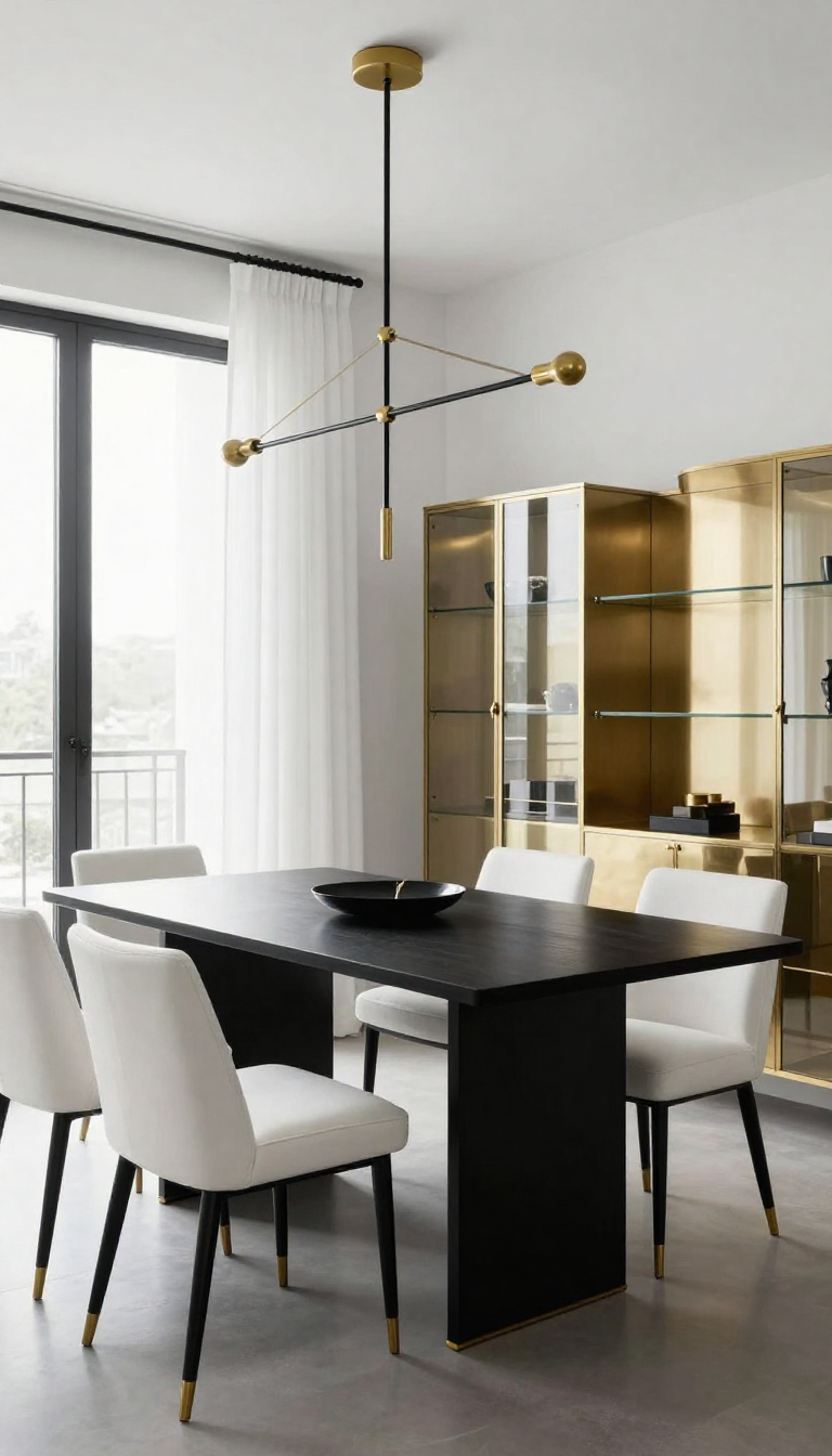 Modern Minimalist Dining Room with Black and White Contrast and Brass Glass Accents - Dining Room - The House Ideas