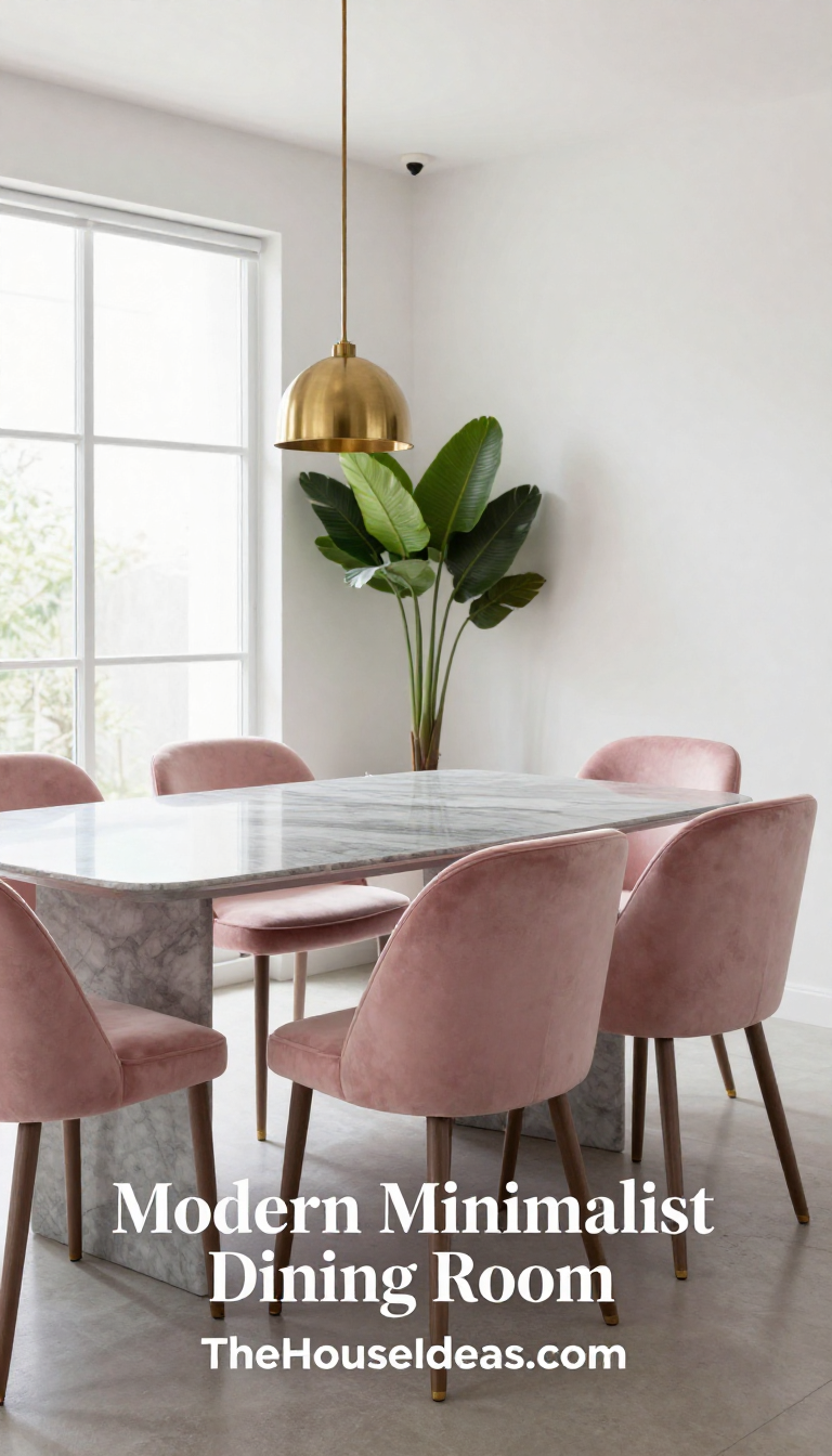Modern Minimalist Dining Room with Blush Pink Velvet Chairs and Gray Marble Table - Dining Room - The House Ideas