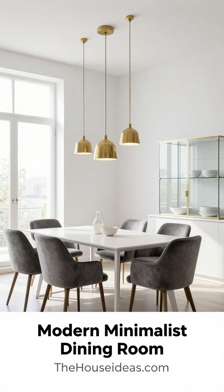 Modern Minimalist Dining Room with Cool Gray Velvet Chairs and Brass Pendant Lights - Dining Room - The House Ideas