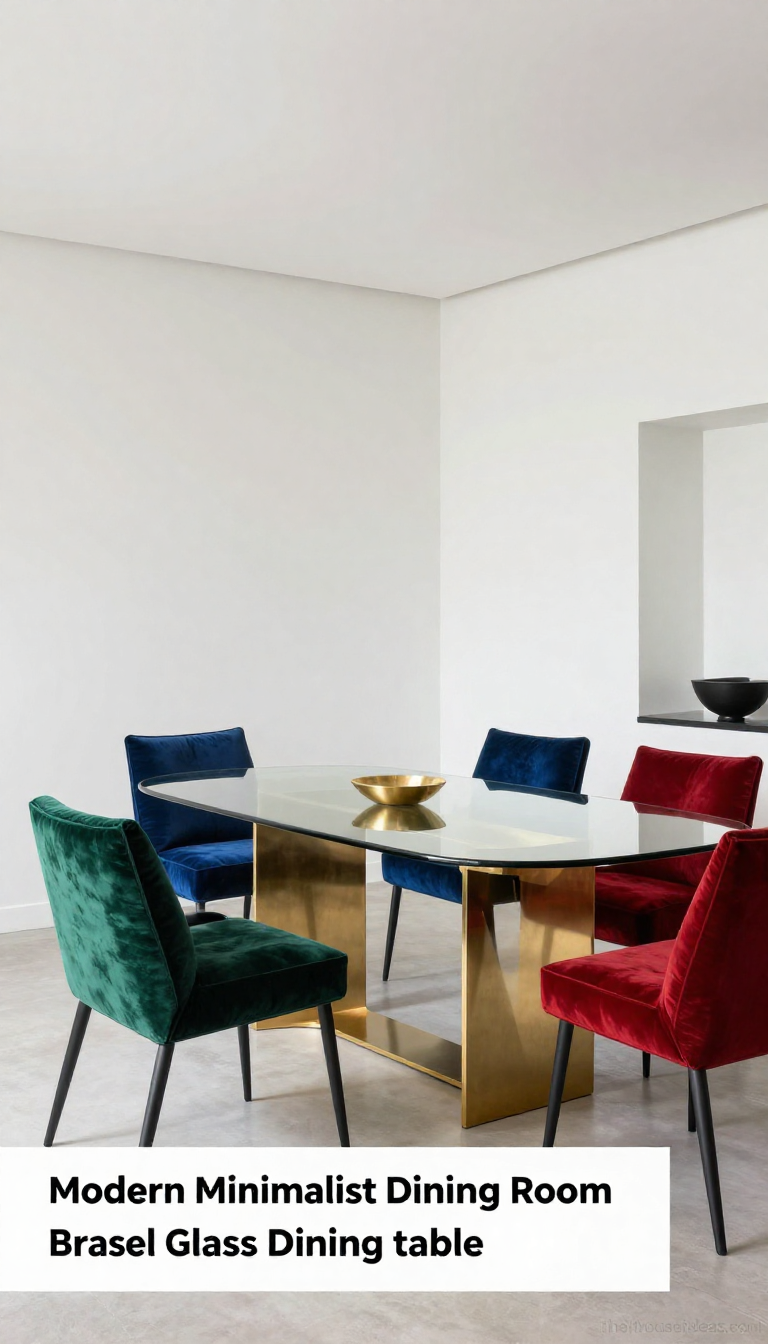 Modern Minimalist Dining Room with Jewel Tone Velvet Pillows and Brass Glass Dining Table - Dining Room - The House Ideas