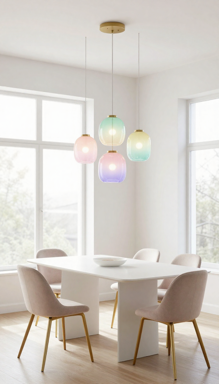 Modern Minimalist Dining Room with Pastel Rainbow Glass Pendant Lights and Brass Accents - Dining Room - The House Ideas