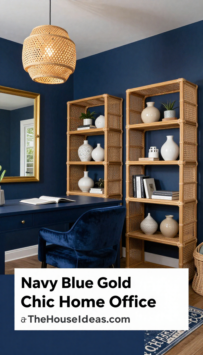 Navy Blue and Gold Bohemian Chic Home Office with Rattan Geometric Shelving - Home Office - The House Ideas